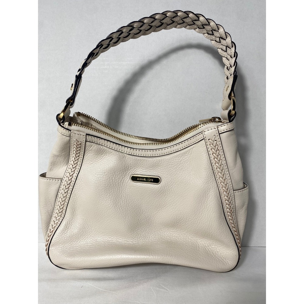 Michael Kors Hobo Bag Womens Small Cream Pebbled Leather Braided Shoulder Bag